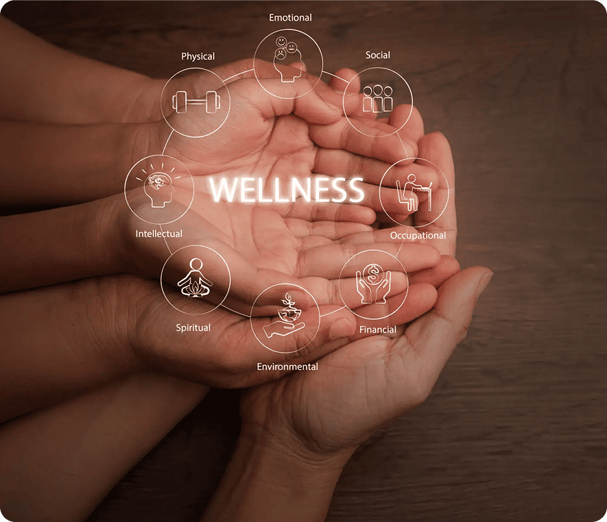 Hands holding wellness-related icons and text.