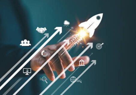 Growth strategy busines trend concept. Businessman hand on arrow investment icon. Increase sale marketing, increase success potential, soar rocket towards wealth. Competitive business goal plan