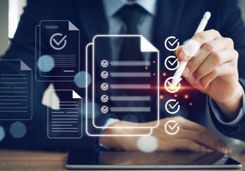 Questionnaire with checkboxes, filling survey form online, answer questions of test. Survey form concept. Education futuristic technology and learning concept.